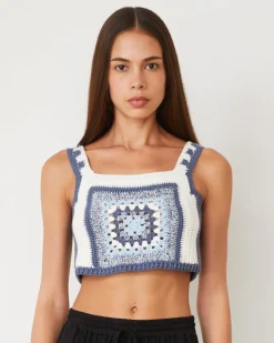 MONROW Crochet Cropped Tank Top WASHEDBLUE New